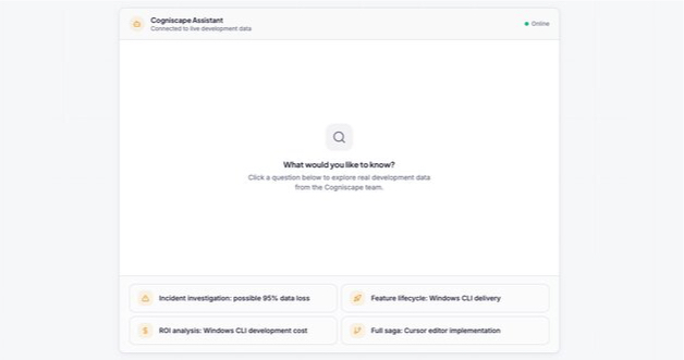 Cogniscape live chat demo showing AI-powered queries against real development data