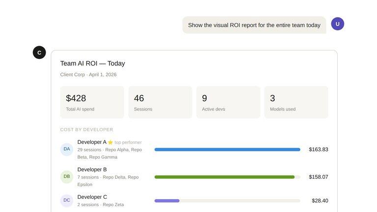 Cogniscape Team AI ROI report showing $428 daily spend across 9 developers and 46 sessions, with per-developer cost breakdown and model distribution